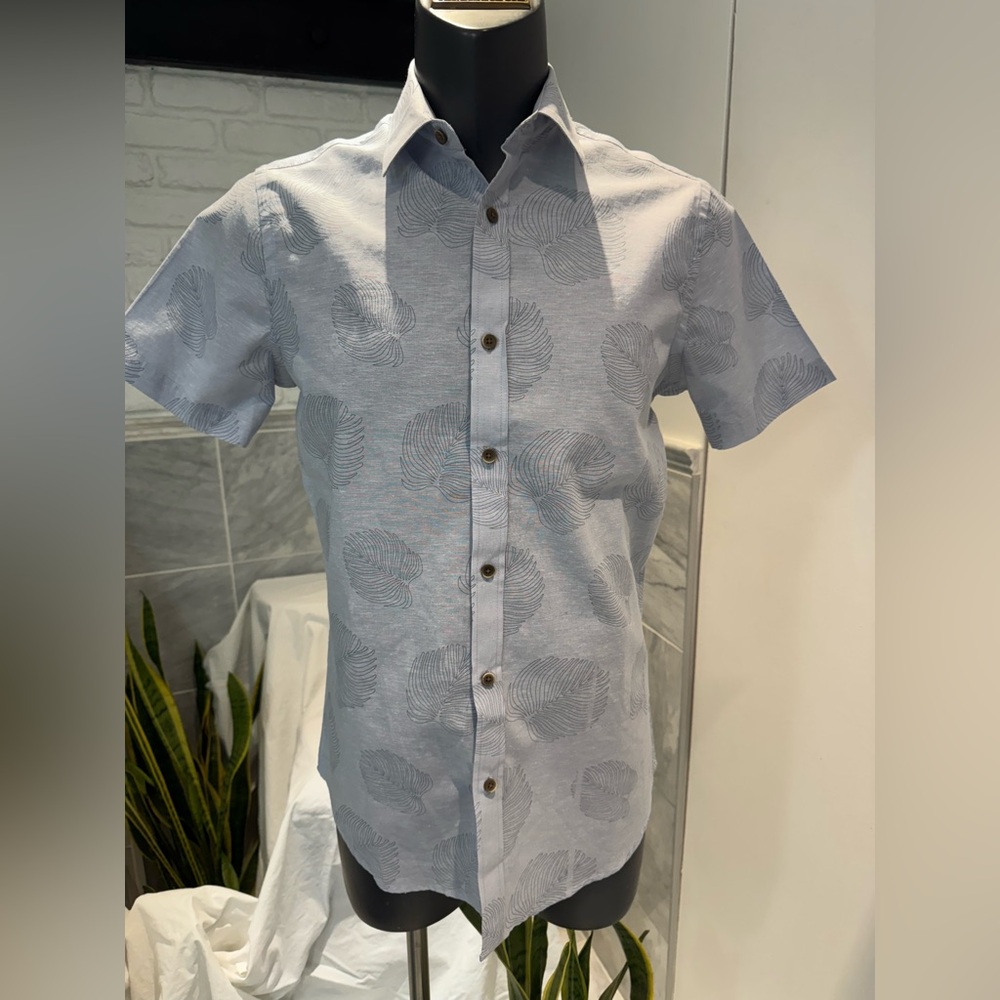 NWT Tristan linen blend Men's Light Blue Patterned short sleeves Shirt